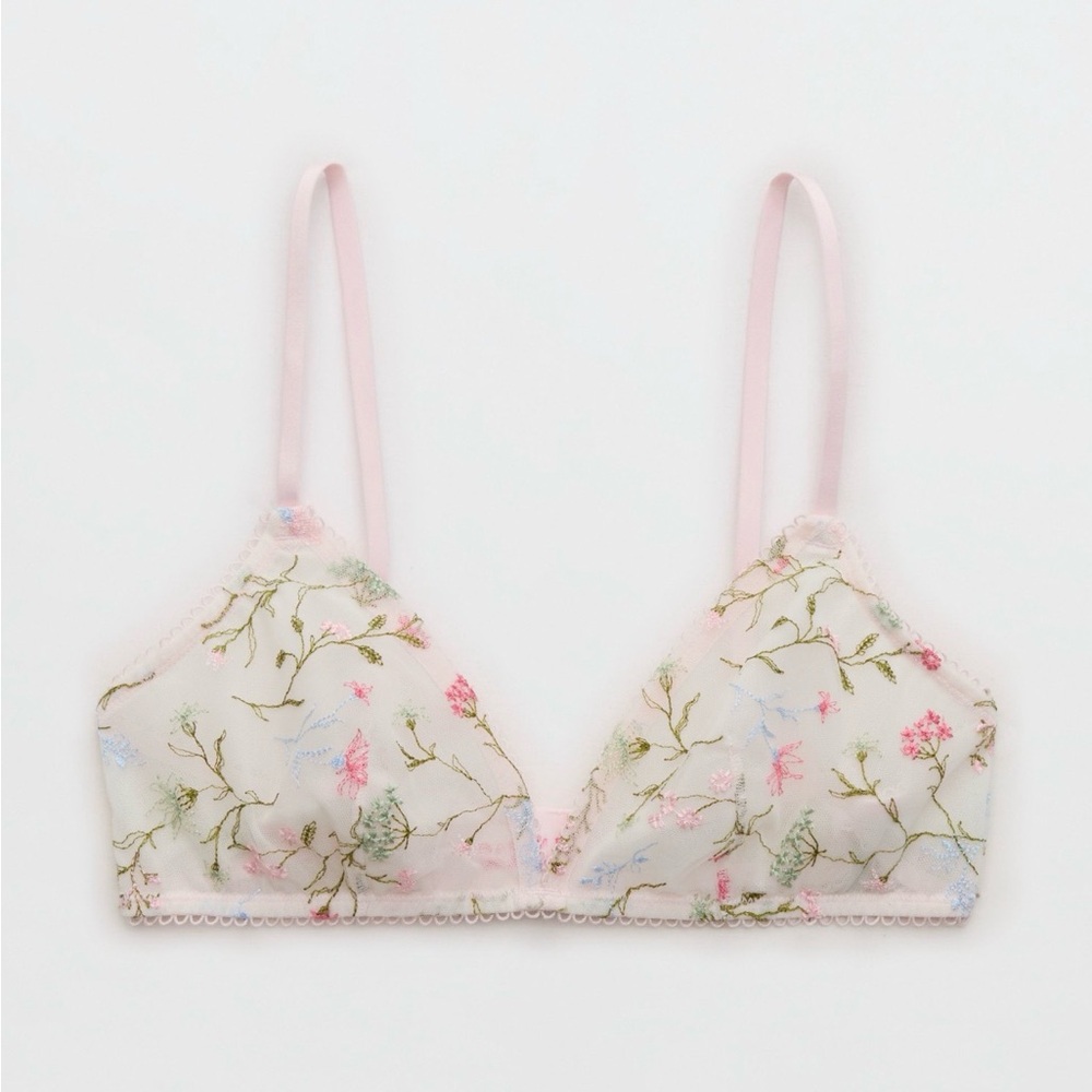 Aerie Floral Embroidered Bralette - Cream and Pink